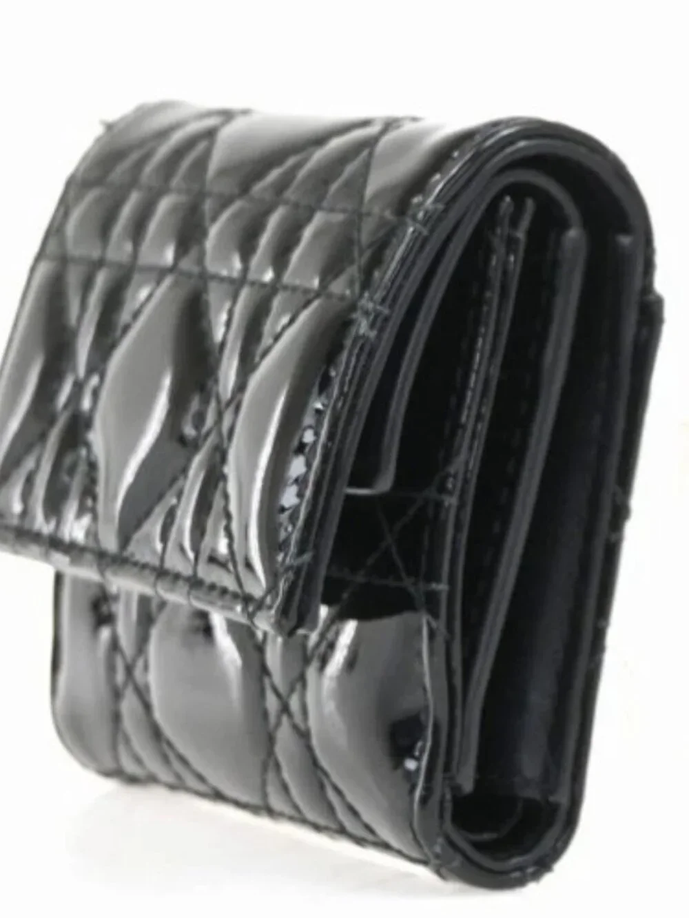 CHRISTIAN DIOR Logo Cannage Trifold Compact Wallet Patent Leather Black 34KC613